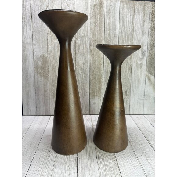 Vtg Mid Century Wooden Candlestick Holders Teak Color 12" & 10" Tall Set of 2 - Picture 1 of 9